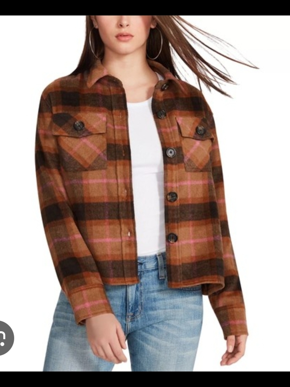 Plaid Button-Up Shacket Jacket in Brown & Pink